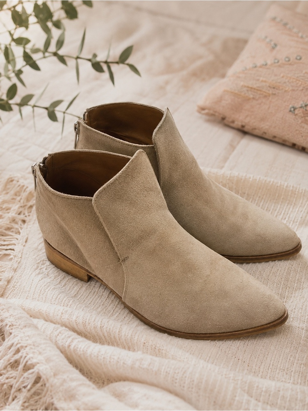 Suede Ankle Booties in Taupe